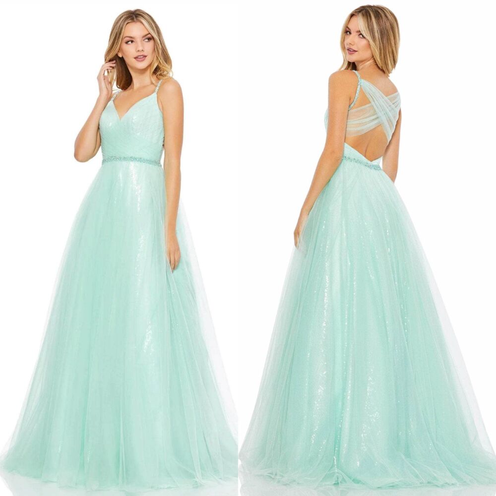 Mac Duggal 67565 Size 8 Mint Green Tulle Sequin Beaded Ballgown Long Gown Dress